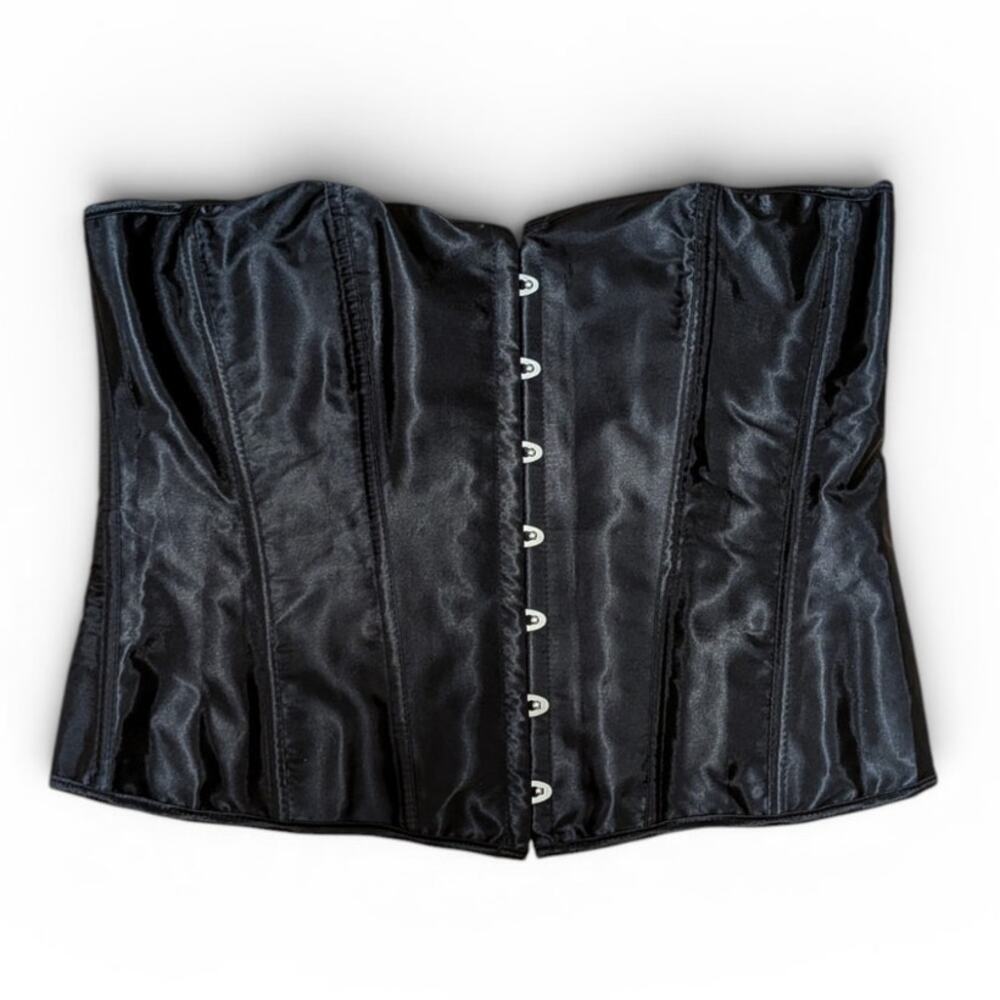 Unbranded Black Satin CIncher Corset With A Front Hook Eye And Lace Up Back